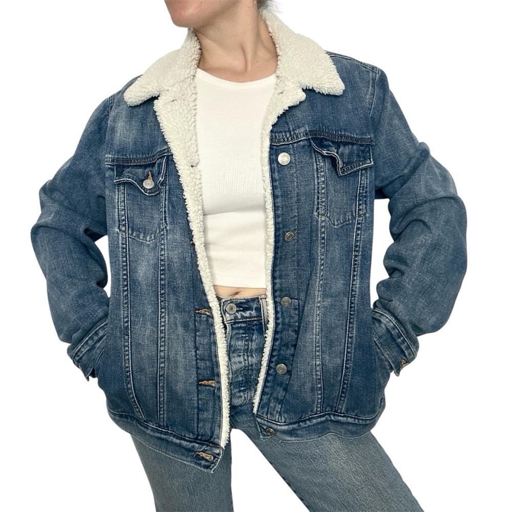 GAP Blue and White Jean Jacket with Sherpa Collar (XL tall)